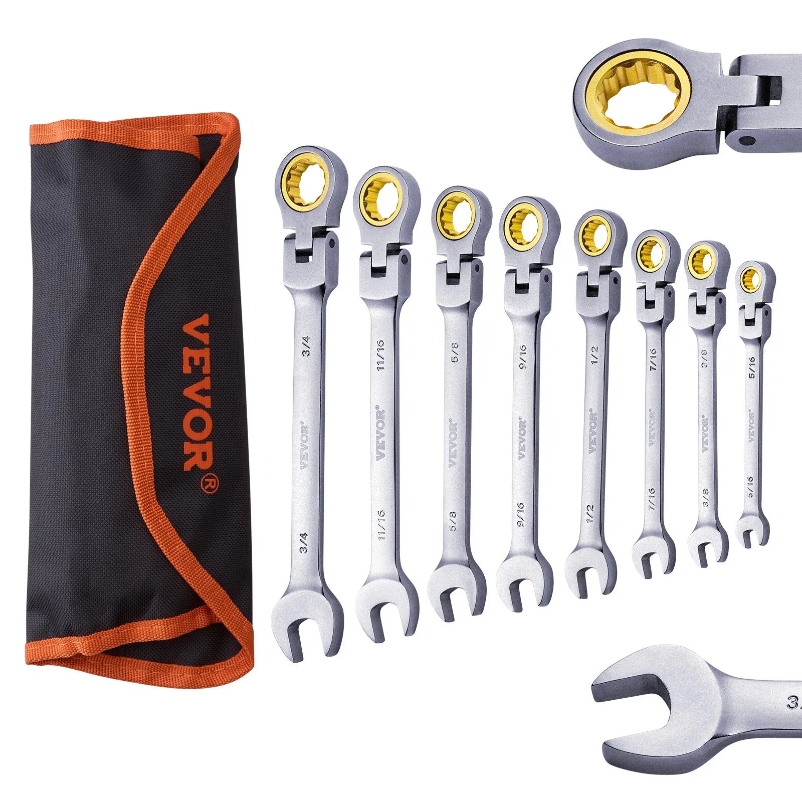 VEVOR Flex-Head Ratcheting Wrench Set 8 PCS SAE 5/16-3/4 with Roll-Up Pouch