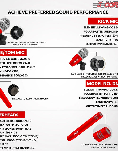 Load image into Gallery viewer, 5Core Drum Mic Kit 9 Pcs Kick Basstom Snare Dynamic Mics Instrument Microphone Set RED
