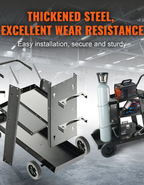 Load image into Gallery viewer, VEVOR Welding Cart, 3-Tier Welder Cart Heavy Duty with 400 Lbs Weight Capacity, 360¡Ã Swivel Wheels, Tank Storage Safety Chains, Rolling MIG Welder Cart for TIG, ARC, MMA, Plasma Cutter Welding Machine
