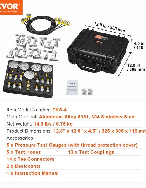 Load image into Gallery viewer, VEVOR Hydraulic Pressure Test Kit, 10/100/250/400/600Bar, 5 Gauges 13 Couplings 14 Tee Connectors 5 Test Hoses, Excavator Hydraulic Test Gauge Set with Carrying Case for Excavator Tractors Machinery
