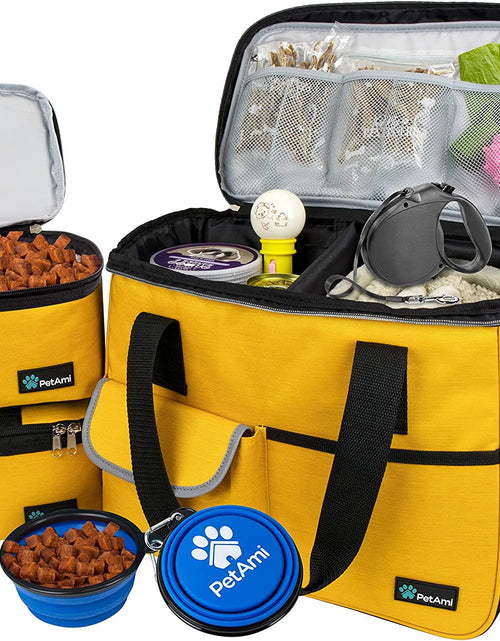 Load image into Gallery viewer, Dog Travel Bag | Airline Approved Tote Organizer with Multi-Function Pockets, Food Container Bag and Collapsible Bowl | Perfect Weekend Pet Travel Set for Dog, Cat (Yellow, Small)
