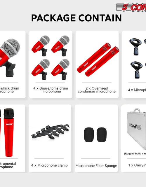 Load image into Gallery viewer, 5Core Drum Mic Kit 9 Pcs Kick Basstom Snare Dynamic Mics Instrument Microphone Set RED
