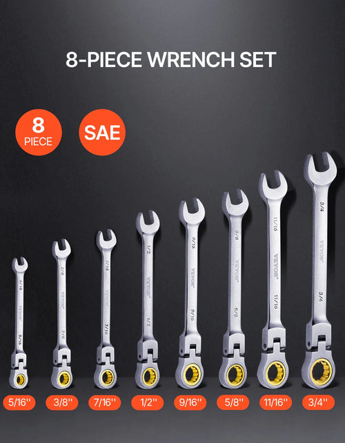 Load image into Gallery viewer, VEVOR Flex-Head Ratcheting Wrench Set 8 PCS SAE 5/16-3/4 with Roll-Up Pouch
