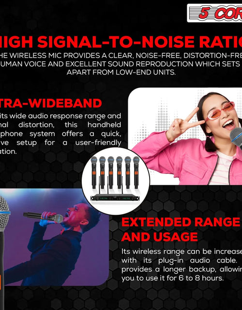 Load image into Gallery viewer, 5 Core Wireless Microphone System 6 Channel UHF Portable Receiver W 6 Cordless Dynamic Mic 492F Range
