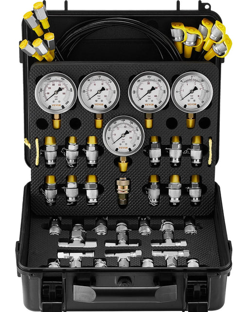 Load image into Gallery viewer, VEVOR Hydraulic Pressure Test Kit, 10/100/250/400/600Bar, 5 Gauges 13 Couplings 14 Tee Connectors 5 Test Hoses, Excavator Hydraulic Test Gauge Set with Carrying Case for Excavator Tractors Machinery
