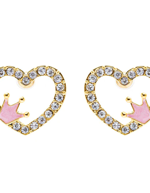 Load image into Gallery viewer, Sparkle Heart Shape with Crown Fashion Medium Stud Earrings Valentine Love Gold
