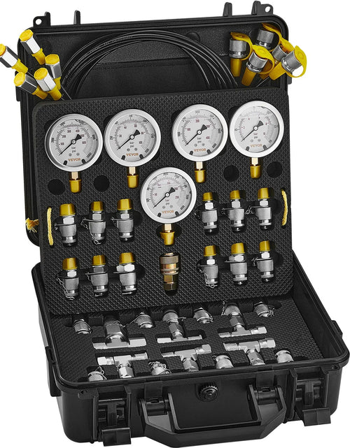 Load image into Gallery viewer, VEVOR Hydraulic Pressure Test Kit, 10/100/250/400/600Bar, 5 Gauges 13 Couplings 14 Tee Connectors 5 Test Hoses, Excavator Hydraulic Test Gauge Set with Carrying Case for Excavator Tractors Machinery
