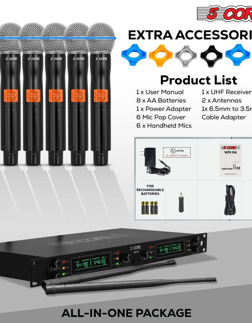 Load image into Gallery viewer, 5 Core Wireless Microphone System 6 Channel UHF Portable Receiver W 6 Cordless Dynamic Mic 492F Range
