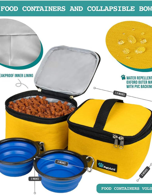 Load image into Gallery viewer, Dog Travel Bag | Airline Approved Tote Organizer with Multi-Function Pockets, Food Container Bag and Collapsible Bowl | Perfect Weekend Pet Travel Set for Dog, Cat (Yellow, Small)
