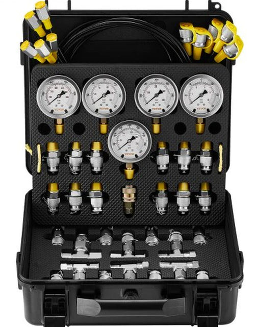 Load image into Gallery viewer, VEVOR Hydraulic Pressure Test Kit, 10/100/250/400/600Bar, 5 Gauges 13 Couplings 14 Tee Connectors 5 Test Hoses, Excavator Hydraulic Test Gauge Set with Carrying Case for Excavator Tractors Machinery
