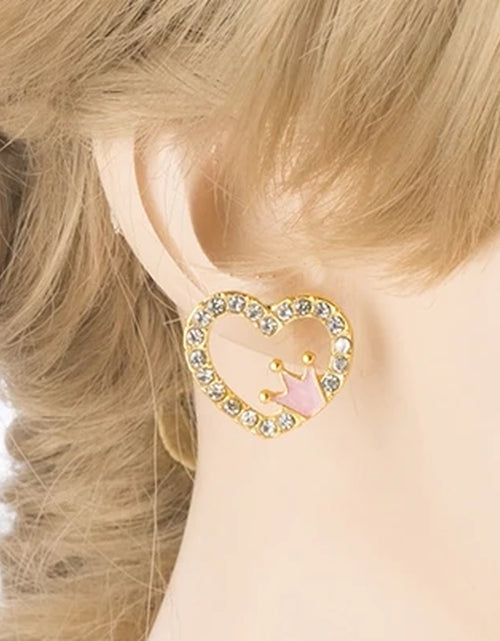 Load image into Gallery viewer, Sparkle Heart Shape with Crown Fashion Medium Stud Earrings Valentine Love Gold
