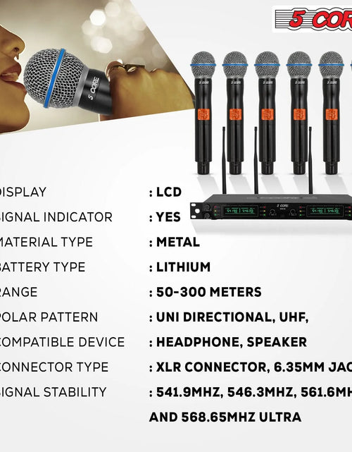 Load image into Gallery viewer, 5 Core Wireless Microphone System 6 Channel UHF Portable Receiver W 6 Cordless Dynamic Mic 492F Range
