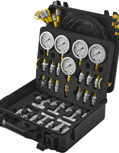 Load image into Gallery viewer, VEVOR Hydraulic Pressure Test Kit, 10/100/250/400/600Bar, 5 Gauges 13 Couplings 14 Tee Connectors 5 Test Hoses, Excavator Hydraulic Test Gauge Set with Carrying Case for Excavator Tractors Machinery
