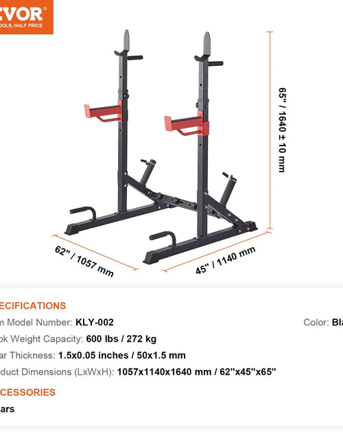 Load image into Gallery viewer, VEVOR Squat Stand Power Rack, Multi-Functional Barbell Rack with Hook, Weight Plate Storage Attachment, Adjustable Free Bench Press Stands, Max Load 600 Lbs Steel Exercise Squat Stand for Gym/Home Gym
