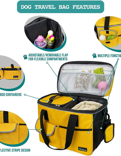 Load image into Gallery viewer, Dog Travel Bag | Airline Approved Tote Organizer with Multi-Function Pockets, Food Container Bag and Collapsible Bowl | Perfect Weekend Pet Travel Set for Dog, Cat (Yellow, Small)
