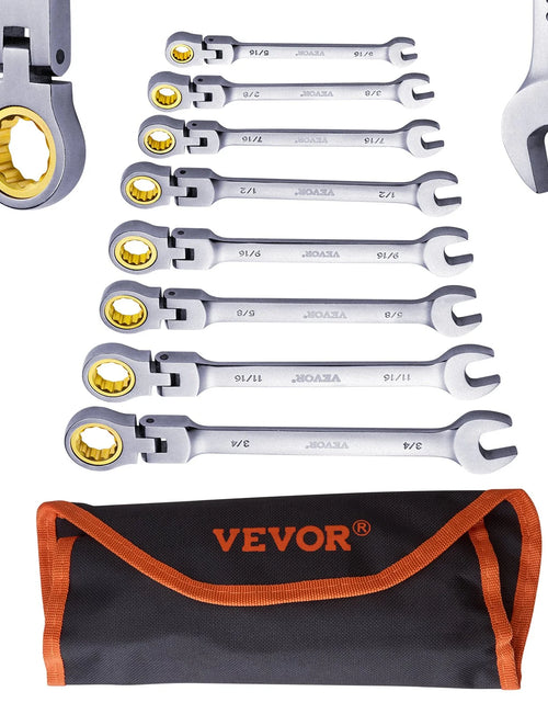Load image into Gallery viewer, VEVOR Flex-Head Ratcheting Wrench Set 8 PCS SAE 5/16-3/4 with Roll-Up Pouch
