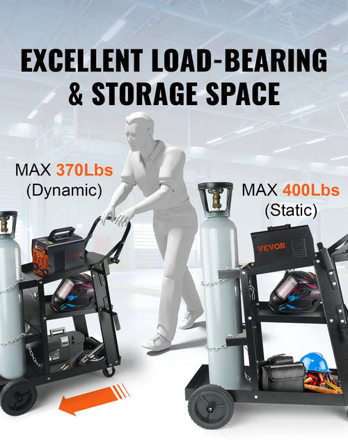 Load image into Gallery viewer, VEVOR Welding Cart, 3-Tier Welder Cart Heavy Duty with 400 Lbs Weight Capacity, 360¡Ã Swivel Wheels, Tank Storage Safety Chains, Rolling MIG Welder Cart for TIG, ARC, MMA, Plasma Cutter Welding Machine
