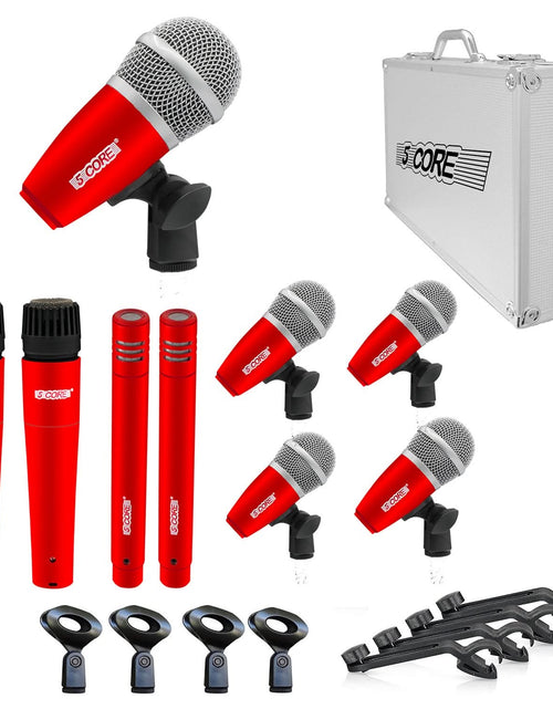 Load image into Gallery viewer, 5Core Drum Mic Kit 9 Pcs Kick Basstom Snare Dynamic Mics Instrument Microphone Set RED
