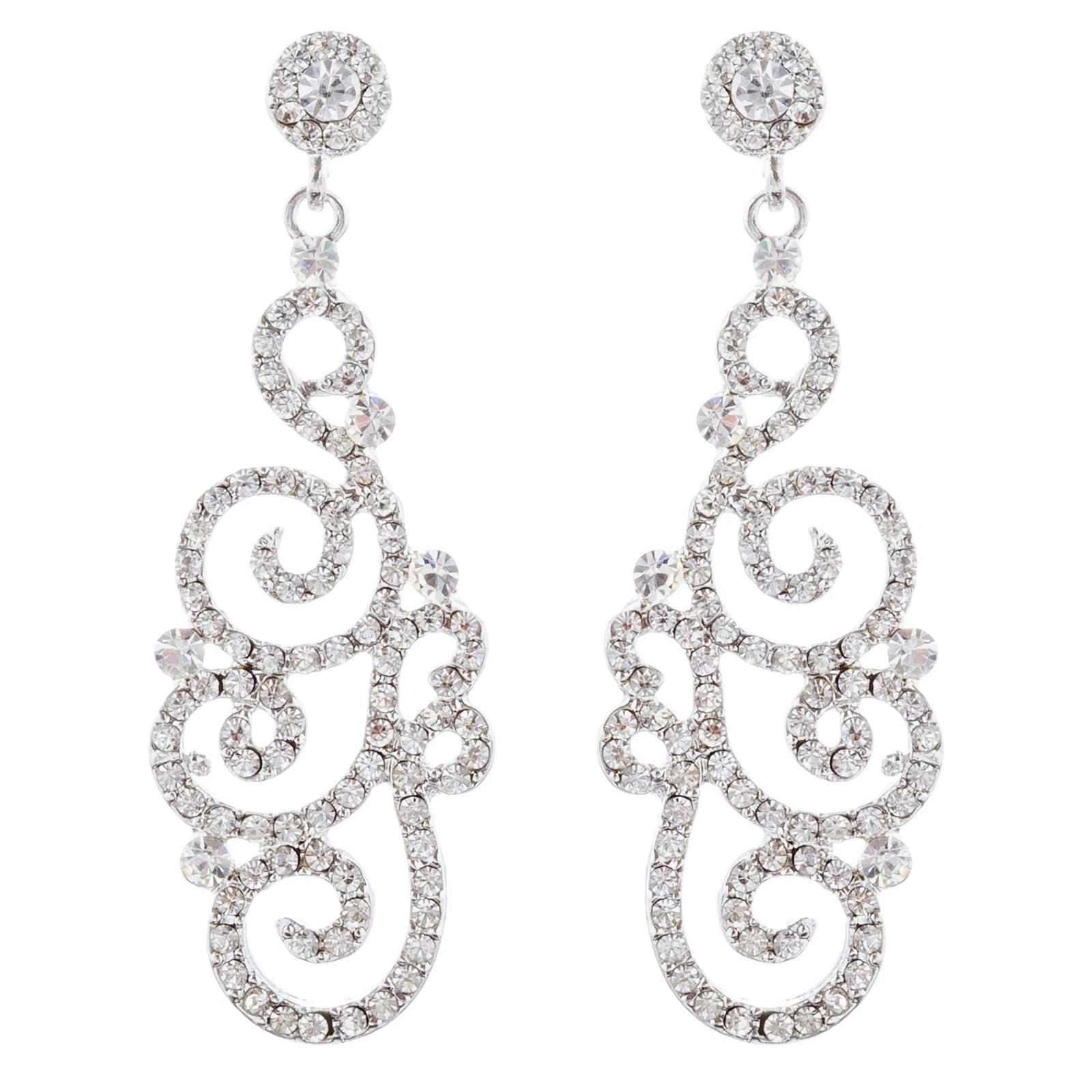 Bridal Wedding Crystal Rhinestone Swirl Vintage Dangle Earrings Silver