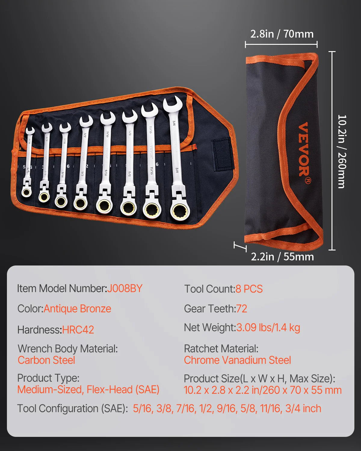VEVOR Flex-Head Ratcheting Wrench Set 8 PCS SAE 5/16-3/4 with Roll-Up Pouch