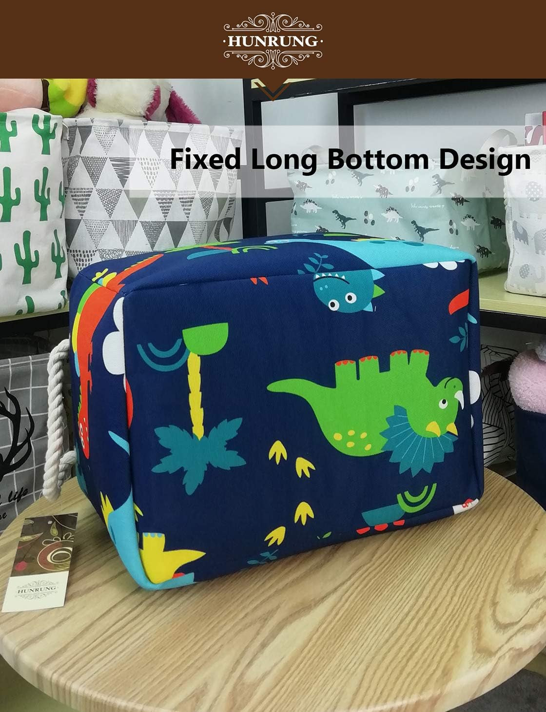 Rectangle Storage Basket Cute Canvas Organizer Bin for Pet/Children Toys, Books, Clothes Perfect for Rooms（Rec-Thick-Blue Forest Dinosaur XL）