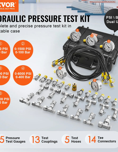 Load image into Gallery viewer, VEVOR Hydraulic Pressure Test Kit, 10/100/250/400/600Bar, 5 Gauges 13 Couplings 14 Tee Connectors 5 Test Hoses, Excavator Hydraulic Test Gauge Set with Carrying Case for Excavator Tractors Machinery
