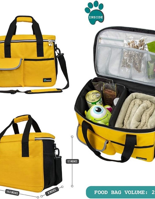 Load image into Gallery viewer, Dog Travel Bag | Airline Approved Tote Organizer with Multi-Function Pockets, Food Container Bag and Collapsible Bowl | Perfect Weekend Pet Travel Set for Dog, Cat (Yellow, Small)
