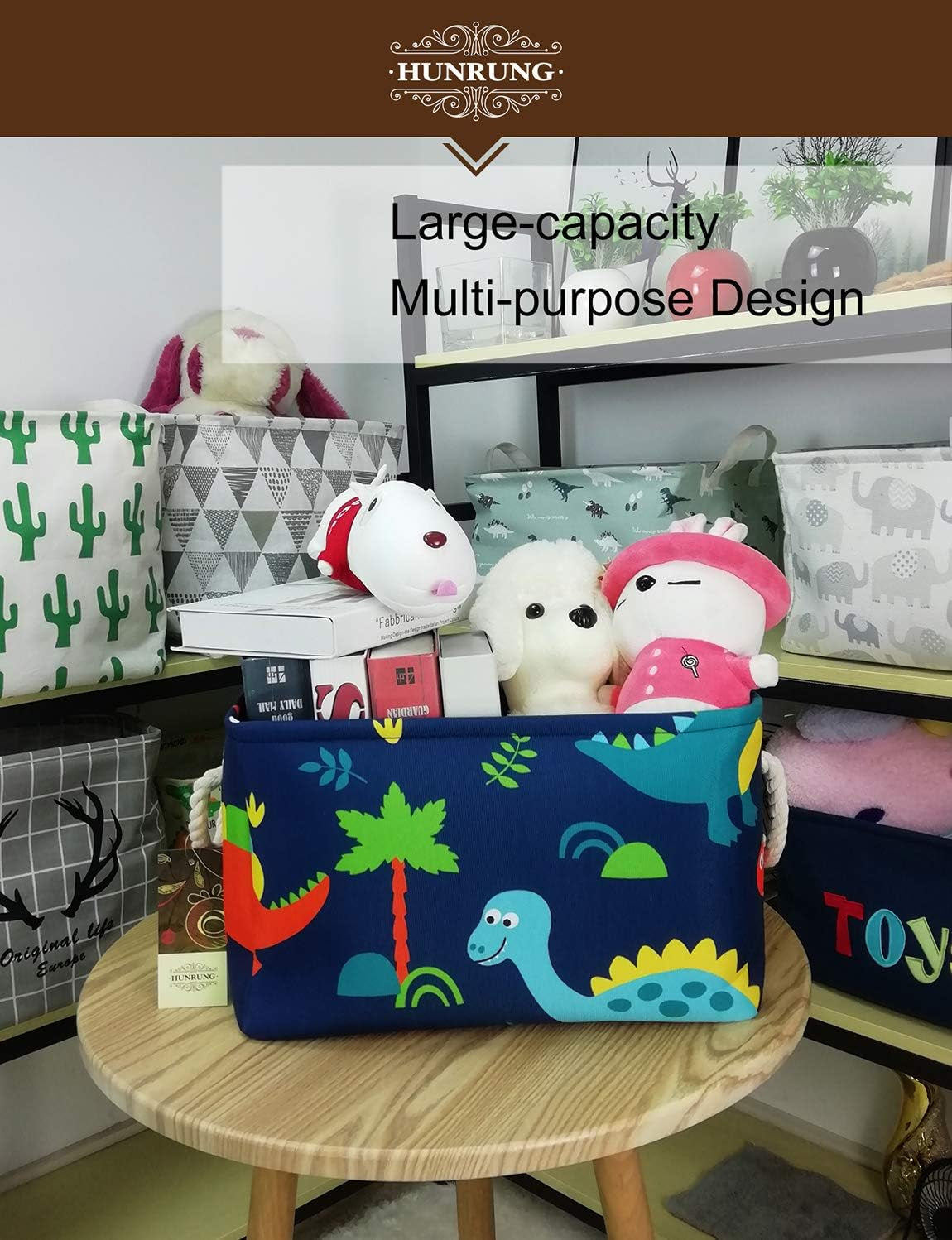 Rectangle Storage Basket Cute Canvas Organizer Bin for Pet/Children Toys, Books, Clothes Perfect for Rooms（Rec-Thick-Blue Forest Dinosaur XL）